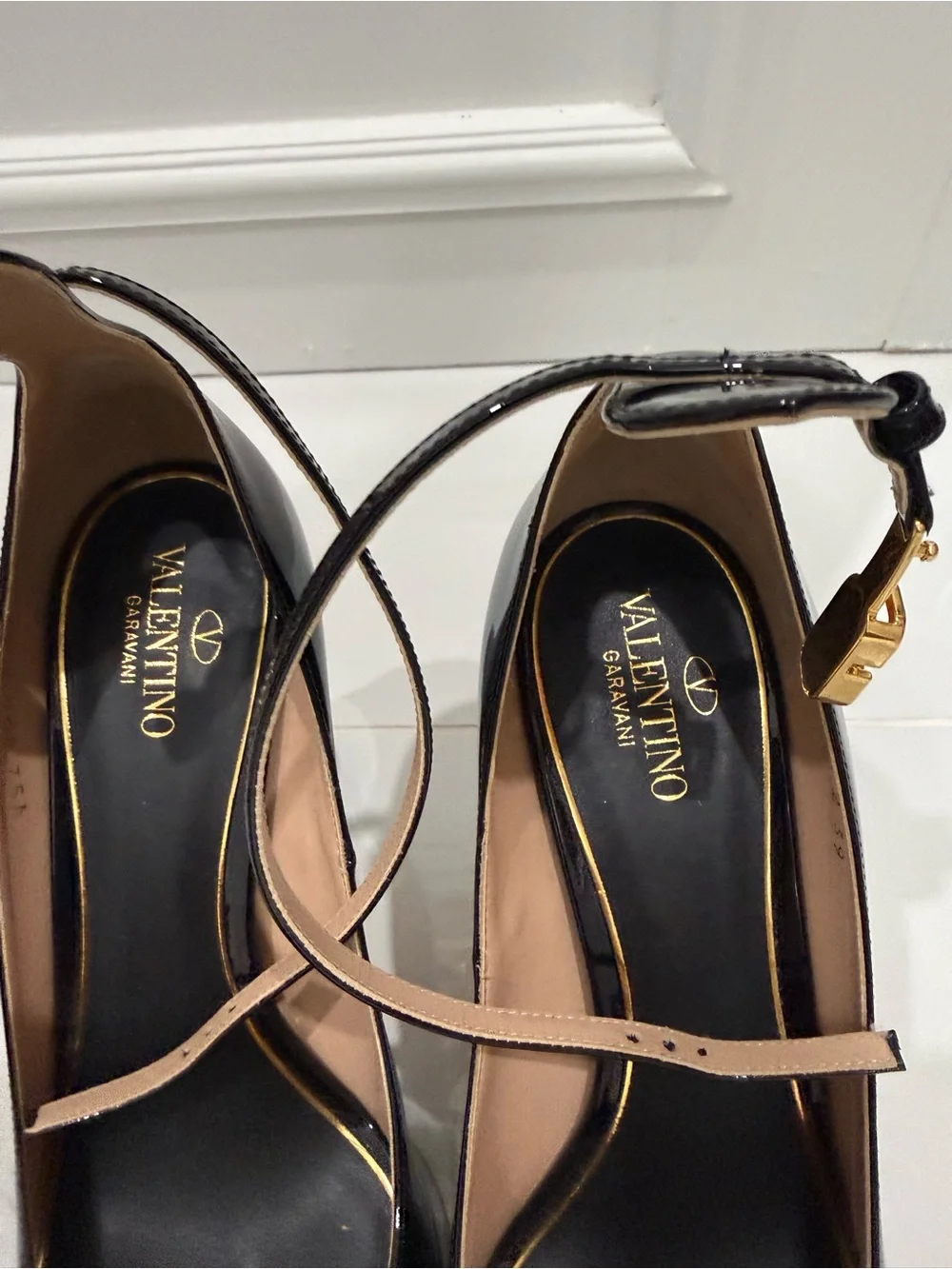 Valentino Garavani Black Patent Platform Mary Jane Pumps with Gold Charm